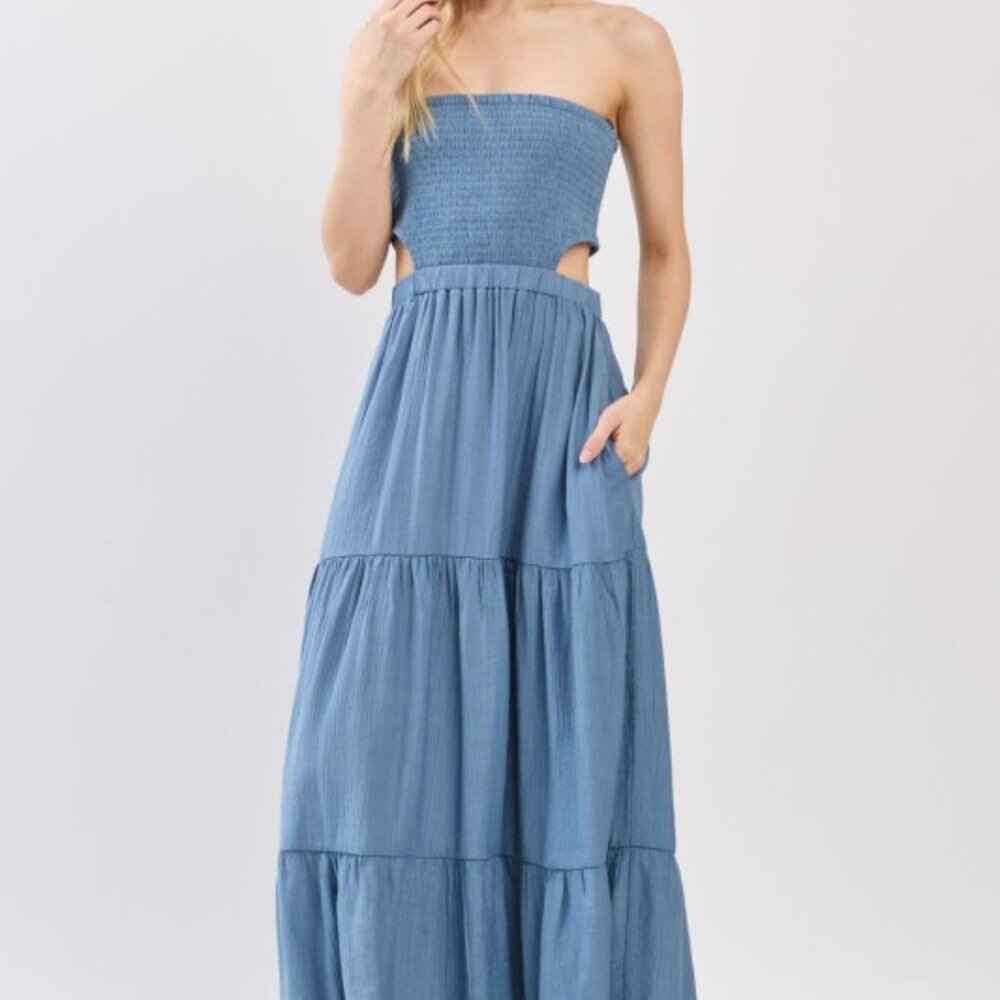 SMOCKED TUBE TOP WAIST ELASTIC TIERED MAXI DRESS.